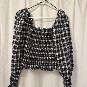 H&M Plaid Puff Sleeve Smocked Top Black White Square Neck Blouse | Size Medium